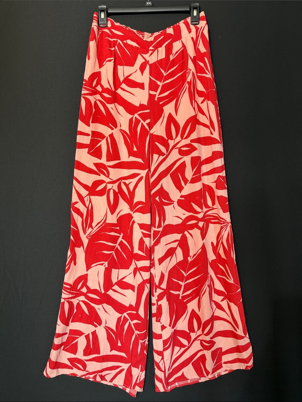EN CRÈME Boho Tropical Wide Leg Palm-Print Palazzo Pants Red & Pink Large
